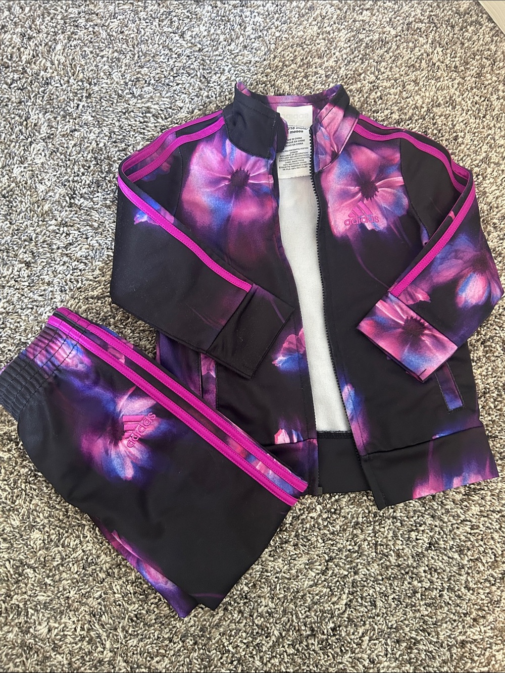 adidas Black Jacket & Pants Set with Purple Floral Accents